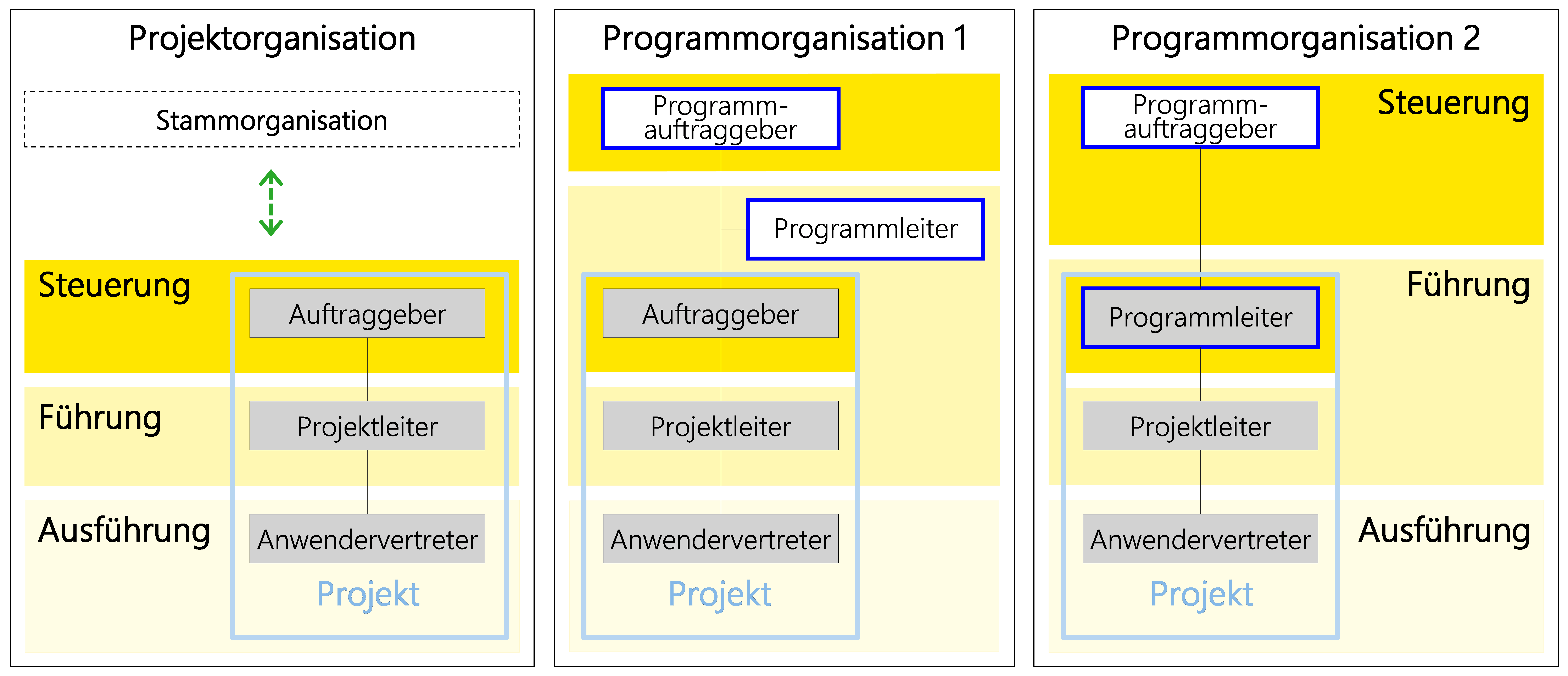 Abbildung: Drei mögliche Grundvarianten der Projektorganisation Abbildung: Drei mögliche Grundvarianten der Projektorganisation